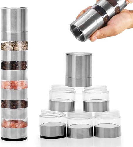 5 in 1 Spargere spezie da campeggio con coperchio, in ABS Mini Spargere spezie con macinaspezie, in acciaio inox, portatile, per picnic, barbecue, casa, cucina, bistecca