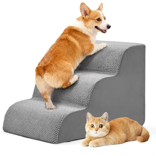 DUMOS Dog Stairs Ramp for Small Dogs and Cats, 3-Step Curved Pet Dog Steps with High-Density Foam for Puppy and Older Cats, Indoor Non-Slip Pet Ladder Ramp Stairs for Couch, High Beds, Sofa, Car, Grey