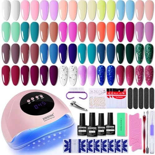 JODSONE Set starter per smalto gel da 36 pezzi con lampada UV, set per unghie in gel della serie Dark, primer no-wipe, top coat opaco e lucido e vari accessori per manicure