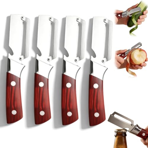 Peladores de Verduras Multifuncional para Cocina, Pelador de Frutas y Verduras de Acero Inoxidable 2 en 1 con Abridor de Botellas, Peladores de Cocina Portátiles para Frutas, Manzana, Patata 4 PCS