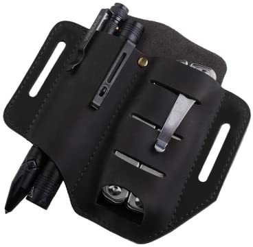 VIPERADE PJ8 Small Leather EDC Sheath for Belt, Multitool Organizer, Handmade 2 Pockets Slip Sheath, Pocket Organizer for Men