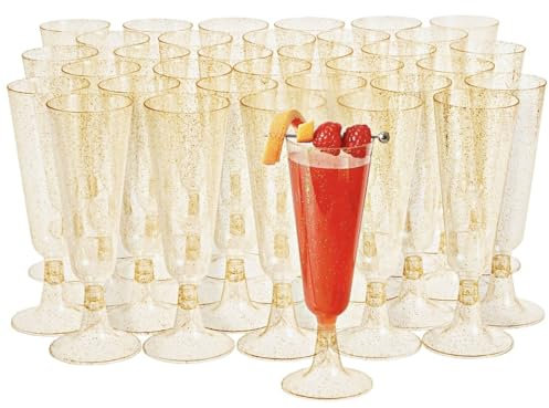 MATANA 50 Premium Sektgläser aus Kunststoff mit Goldglitter, 150ml – Wiederverwendbare Champagnergläser, Champagner Gläser für Cocktail, Dessert, Wein - Plastik Sektgläser für Hochzeit & Party