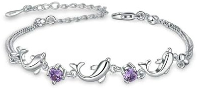 MixiuEuro femmes filles Bracelets, argent Sterling 925 CZ Zircone Améthyste Dauphin Amour Bracelets Bijoux Cadeau Pour Les Filles, 17 cm, Zircone cubique, Zircone cubique