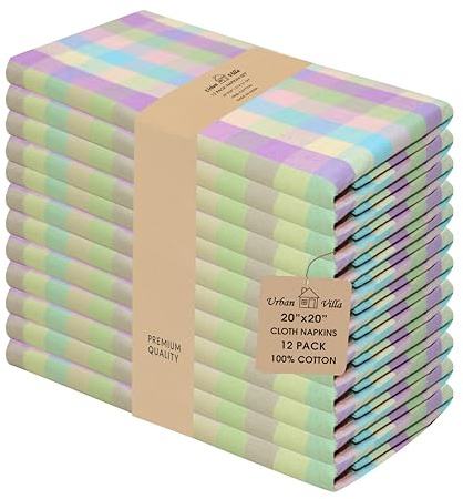 Urban Villa Cloth Napkins Set of 12 20x20 Inches 100% Cotton Napkins Cloth Washable Soft Durable Reusable Absorbent Table Dinner Napkins Cloth for Easter Decorations Restaurant Weddings-Easter Checks