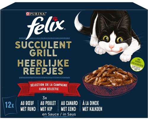 FELIX | SUCCULENT GRILL | Chat Adulte | Selection de la Campagne en Sauce : au Bœuf, Poulet, Canard, Dinde | Aliment humide 100% complet et équilibré | Sachets Fraîcheurs | Lot de 72 x 80 g