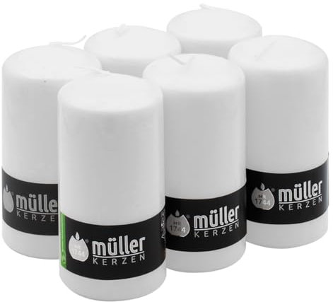 Müller - Juego de 6 velas blancas de columna cilíndrica, color blanco, 68 x 135 mm, larga duración de 40 horas, cera antigoteo, sin olor, calidad RAL