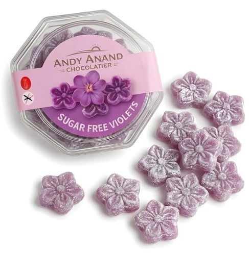 ANDY ANAND CHOCOLATIER Sugar Free & Gluten Free Violets Flower Shaped Hard Candy-Naturally Sweetened Candy Gift Box, Diabetic Friendly Zero Sugar Candies with the Essence of Violet (3.5 Oz)