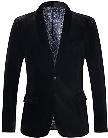 WZIKAI Mens Velvet Blazer Slim Fit One Button Solid Suit Jacket Sport Coat for Wedding Prom Dinner Party Black XXL