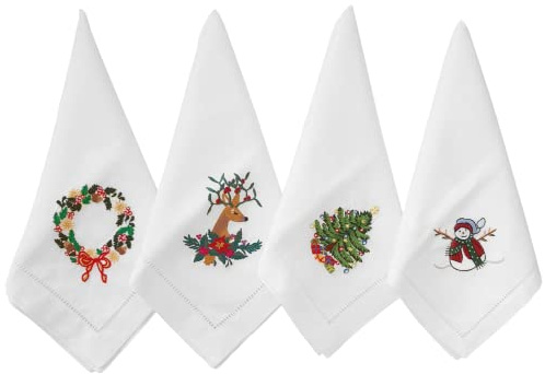 HCRAFT Set di 4 tovaglioli di stoffa ricamati in cotone, 45,7 x 45,7 cm, quadrati, per sala da pranzo, lavabili in lavatrice, tovaglioli natalizi, ottime idee regalo
