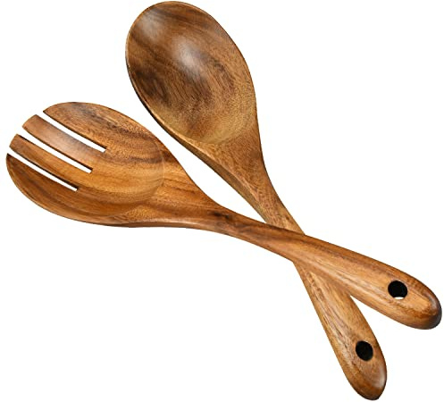Salad Servers, Wood Salad Tongs, 10.2in Salad Spoon and Fork Set, Long Handle Salad Server Set for Mixing, Tossing and Cooking