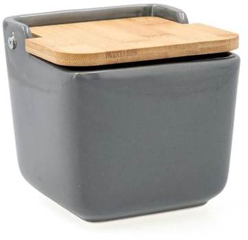 QUID TU Y YO - Salero Cerámico cuadrado gris y tapa bambú, 12X12Cm