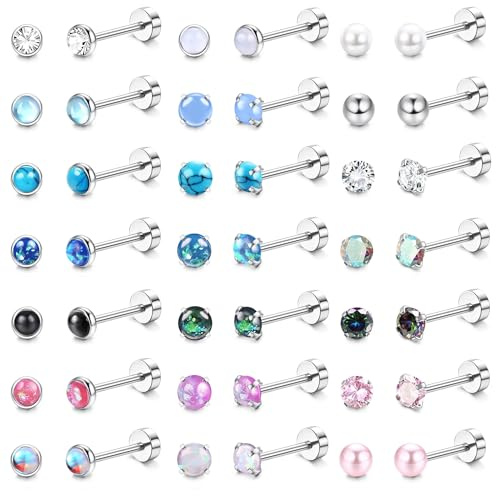 KALVICA 21Paires Hypoallergénique Boucles D'oreilles Femme Argent Hommes Acier Chirurgical Cartilage Boucle D'oreille CZ Opale Pierre de Lune Turquoise Petit Piercing Oreille Helix 20G