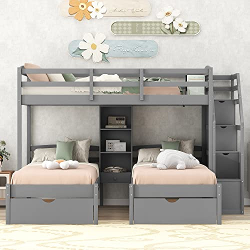 Triple Bunk Beds with Stairs and Storage Drawers, Twin Over Twin&Twin Bunk Bed for 3 Kids, Wooden 3 Bunk Beds Frame with Built-in Shelves for Kids,Teens, Adults, No Box Spring Needed (Gray)