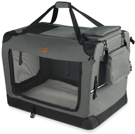 VOUNOT® Sac Transport Pliable pour Chien et Chat Caisse de Transport Respirant avec Matelas en Peluche Amovible Porté par Main/Bandoulière Idéal pour Animaux Domestiques L Gris