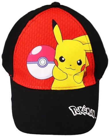 Fashion UK Cappello Ufficiale Pokemon Pikachu. Modello Pokeball. Cappellino con Visiera da Bambino o Ragazzo. Poliestere e Cotone. Cappellino da Baseball Nero Rosso. (54 cm)