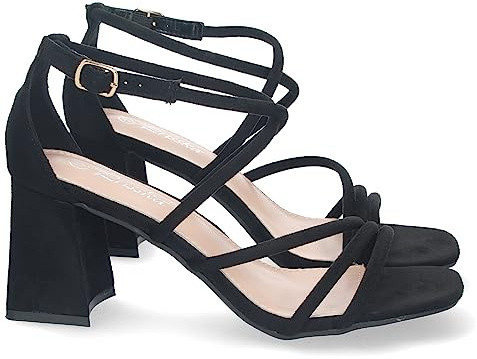 shoes&blues.es Sandalia de Tacon para Mujer, Comodo, con Tiras Finas Cruzadas, Talon Cerrado, y Cierre de Hebilla