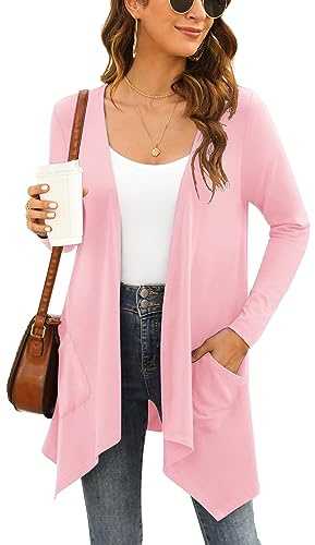 Yommay Damer kortärmad lång kofta lätt stickad med ficka hög låg fåll, ROSA, XL