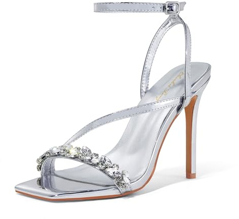 Zhabtuc Sandali da Donna Tacchi Alti da 10 cm Cinturino alla Caviglia Strass Peep Toe Ballo di Nozze Estivo, argento, 42 EU