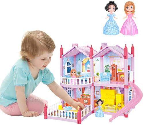 deAO Doll House for Girls, DIY Miniatur Puppenhaus Kit Inkl. 2 Etagen, 4 Zimmer, Hof, Möbeln, Schieber, Puppen, Rollenspiel Spielset für Mädchen Ab 3 4 5 6 Jahren, Dollhouse Geschenk Kinder