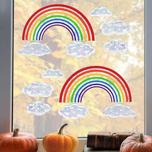 EEEKit Regenbogen Fenstersticker, 2 Stk. Regenbogenmacher Fensterfolien Bunt und 10 Stk. Wolken Fensterdeko für Zimmer Wohndekor