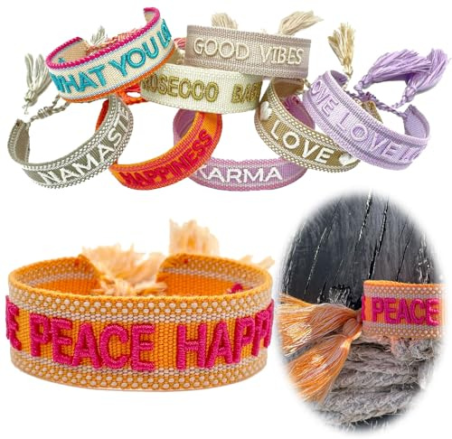 LS-LebenStil Exklusives Statement Armband - das Original - Love Peace Happiness Orange 16-20cm Quasten besticktes Boho Canvas Webarmband Damen Freundschaftsarmband Geschenk gewebt textil Stoffarmband