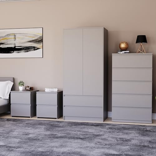 Vida Designs Denver Bedroom Furniture Set (Grey, 4pc-5 DWR Chest+2 Dr Wardrobe+2 x 2 DWR Nightstand)