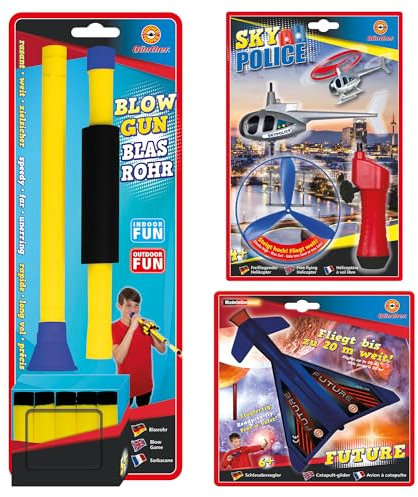 Günther Flugspiele 1714 - Flugspielzeug Set mit Schleudersegler Jet Future ca. 14 x 19 cm, Blasrohr mit 5 Pfeilen & Helikopter Sky Police ca. 12,5 cm
