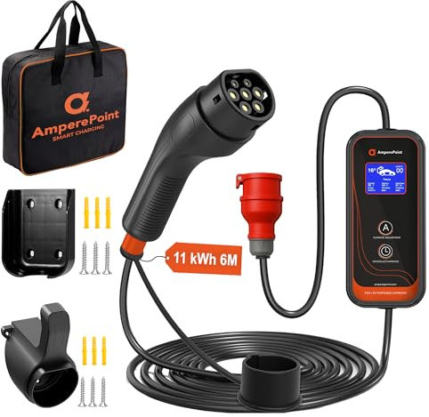Ampere Point Mobile Wallbox 11 kW 16A Typ 2, Ladestation mit Einstellbarer Ladeleistung 8-16A, Ladekabel mit Länge 6 m, mit CEE Stecker 400V, Tragbares EV-Ladegerät für Elektroautos mit Tragetasche