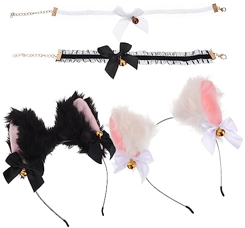 DEARMAMY 4pièces -tête Oreilles De Chat Lot Collier Dentelle Clochette Pour Jeu Rôle Halloween Costume Fille