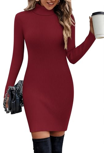 Hotouch Vestido de punto para mujer, vestido de invierno, manga larga, vestido tipo jersey elegante, cuello alto, largo hasta la rodilla, cálido vestido de invierno monocolor, vestido bodycon S-XXL