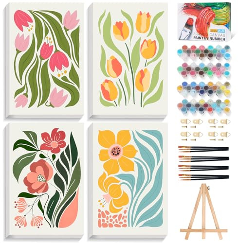 4 Pack Paint by Numbers for Adults with Frame, Easy Flower, 8x12 Inch | Floral DIY Painting Kits with Wooden Easel, Framed Canvas Art Set for Beginners, Relaxing Home Decor Craft Gift