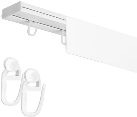 Fenster DEKOR Gardinenschiene mit Blende 1-läufig – PVC Vorhangschiene zur Deckenmontage, Deckenschiene für Vorhänge, Weiß, mit Haken mit Rolle, 200 cm