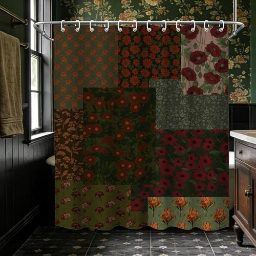 Bxpaitx Patchwork Shower Curtain Green Bohemian Vintage Flower Quilt Shower Curtains for Bathroom Decor Set, Waterproof Cloth Fabric with Hooks, 70 W x 72 L
