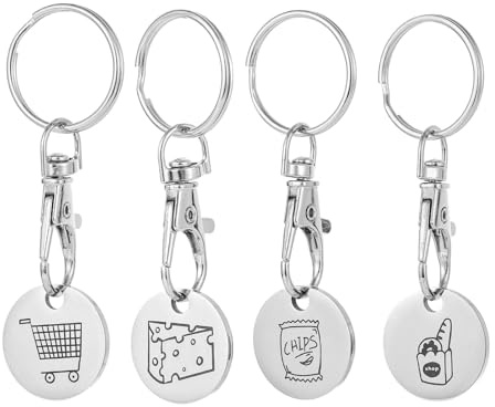Shurhome 4Pieces Stainless Steel Shopping Trolley Coin Holder Keychain Carts Tokens Keyring Jewelry Suitable for Supermarket a