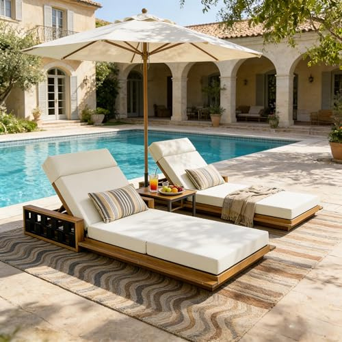Merax Acacia Wood Patio Chaise Lounge Set of 2, Outdoor Reclining Chairs with 4-Position Adjustable Backrest, 2-Piece Sunbathing Recliner & 4 Thick Four-fold Cushion for Poolside, Garden, Beige