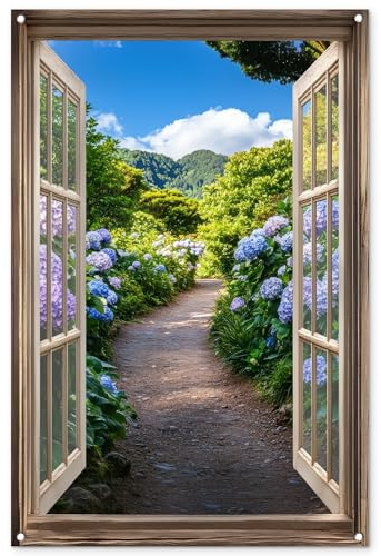 MuchoWow© Decoracion Pared Exterior 80x120 cm Posters Decorativos Jardin Terraza Balcon Wall Decoration Decoración Patio Póster De Jardín Mirada - Hortensia - Sendero - Naturaleza