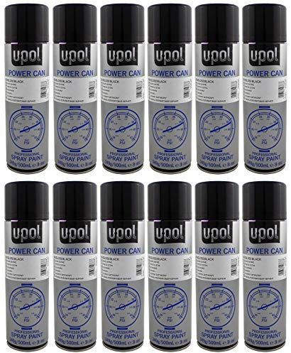 UPOL U-Pol 12 x Power Can GLOSS BLACK Paint Can 500ml Aerosol Powercan Gloss Black - High gloss, durable top coat Car Wheel Body Paint 12 500ml Aerosol Cans