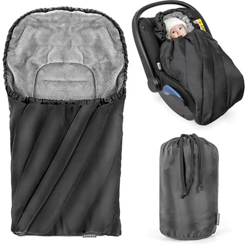 Zamboo Universal Fußsack für Babyschale - Baby Winterfußsack aus weichem Thermo Fleece mit Gurtschlitzen, Kapuze und Tasche - Schwarz