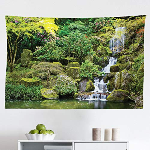 Ambesonne Garden Tapestry, Pond in Style Garden Arboretum Trees Bush Foliage Rocks Waterscape Picture, Fabric Wall Hanging Decor for Bedroom Living Room Dorm, 45 X 30, Green White
