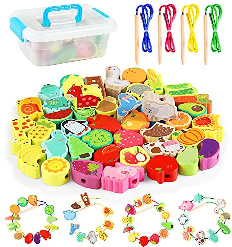 FORMIZON 42 Stück Holzspielzeug Fädelspiel, Holzperlen zum Auffädeln ab 2-5 Jahre Kleinkind, Montessori Lernspiel Spielzeug Obst Gemüse Tieren, Pädagogisches Lernspielzeug Jungen und Mädchen (42pcs)