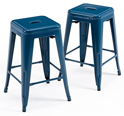 Vogue Furniture Direct 24 Inch Metal Bar Stools, Backless Counter Height Barstools, Indoor Outdoor Stackable Stools with Square Seat, Set of 2 (Deep Blue)
