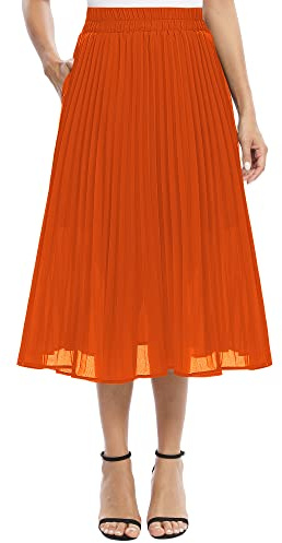EXCHIC Damen Fließender Chiffon Elastisch Taille Midi Rock Freizeit A-Linie Knielange Falten Rock mit Tasche (XL, Orange)