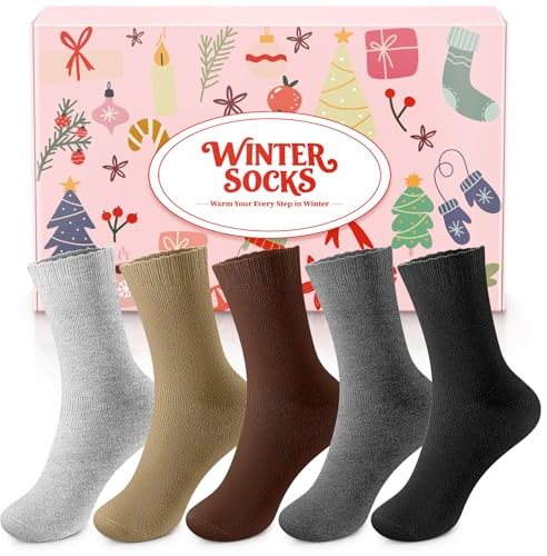 Airabc Chaussettes thermiques pour femmes - 5 paires de chaussettes d'hiver pour femmes, chaussettes en laine chaudes et respirantes, chaussettes en laine épaisses et confortables