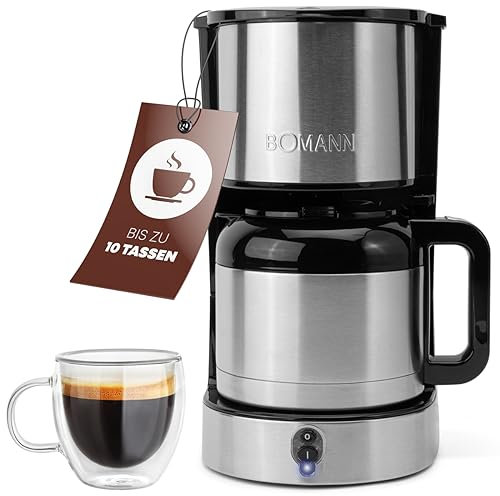 Bomann® Kaffeemaschine mit Thermoskanne für 8–10 Tassen Kaffee (ca. 1,2L) | Filterkaffeemaschine Edelstahl | doppelwandige Thermoskanne | kein Temperaturverlust | Kaffeemaschine 800W | KA 6066 CB