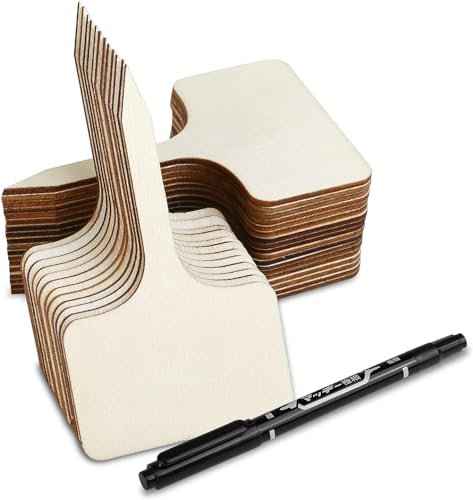 GWHOLE 30pcs Plant Labels with Marker Pen Set Wooden T-Type Plant Tags Garden Label Stake Nursery Plant Markers for Outdoor Greenhouse Flower Seed Herb Garden Potted Plants