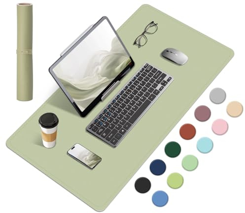 BLESWIN Tapis de Bureau Antidérapant, Tapis de Bureau en Liège Naturel et en Cuir, Tapis de Souris Large Portable Facile à Nettoyer, Tapis de Souris pour Bureau/Maison/Détecteur (Matcha, 60x34CM)