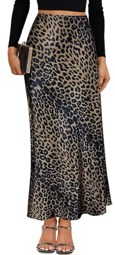 Women's Satin Maxi Skirt High Waisted Elastic Waistband Silk A-Line Casual Party Leopard Print Long Skirts for Women, Leopard Brown, M