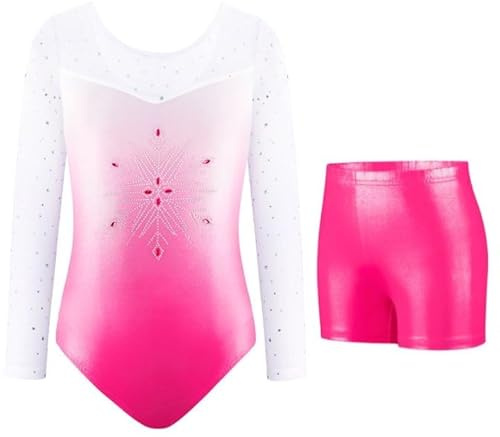AODOKAT Gymnastics Leotards for Girls with Shorts Set, Long Sleeve/Sleeveless Dance Leotard Sparkle Ballet Dancewear for Kids 5-14 Years (Pink-long sleeved, 7-8 Years)