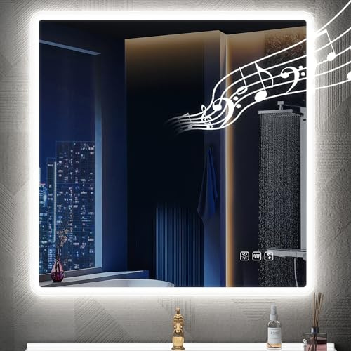 STARLEAD Badrumsspegel med belysning 80 x 80 cm, LED-badrumsspegel med Bluetooth, avfokning, IP44 badrumsspegel med ljus, 3 färglampor, dimbar, minnesfunktion, HD härdat glas CRI>90