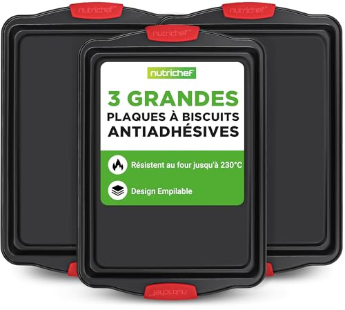 NutriChef Non Stick Baking Trays for Oven,Set of 3 Bakeware Oven Trays Non Stick, Durable Carbon Steel Baking Tray Set, Silicone Handles, Easy Clean, Oven Safe 230°C(44x30x1.8cm)